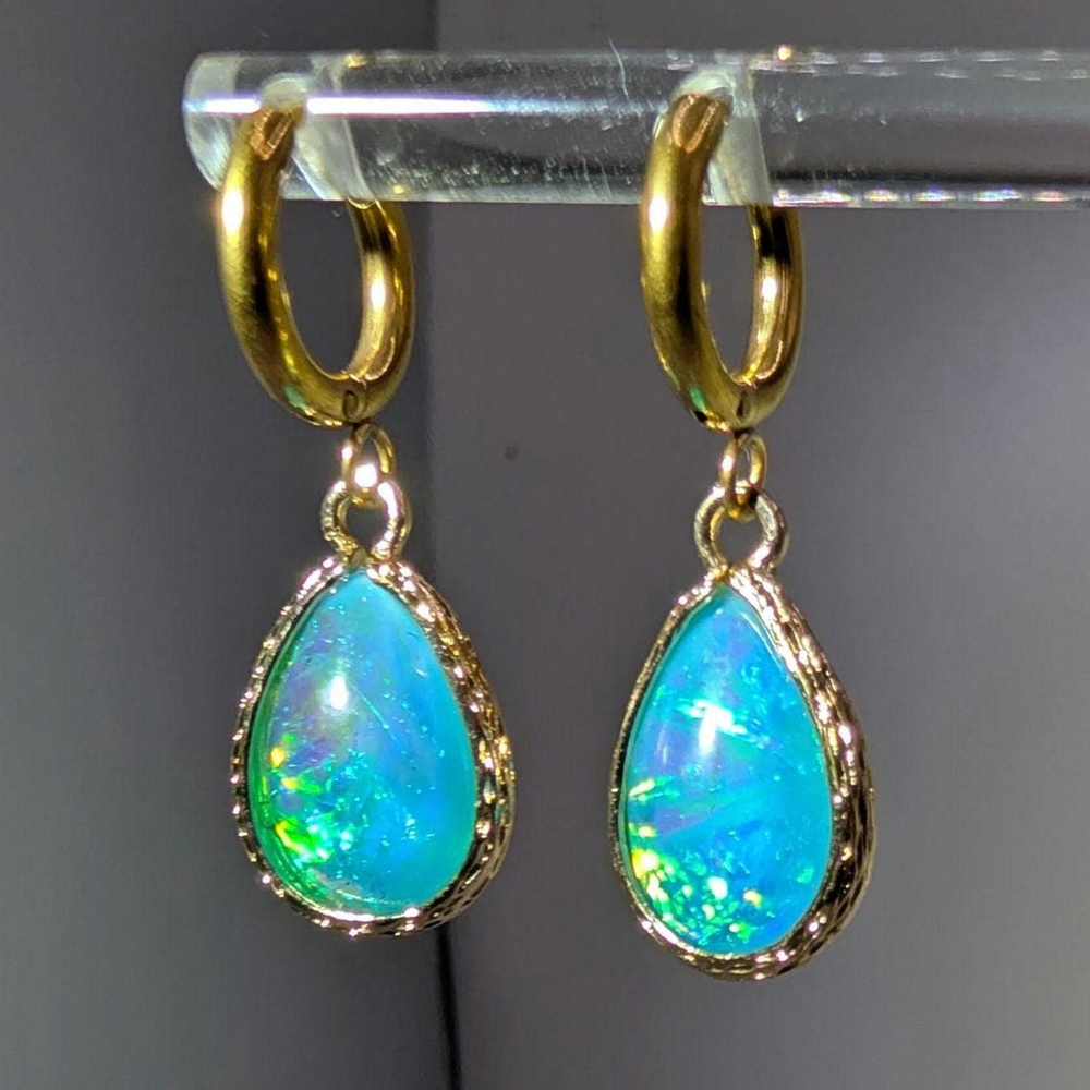 Blue Green Opalescent Teardrop Gold Ion-plated Huggie Earrings - Picture 5 of 8